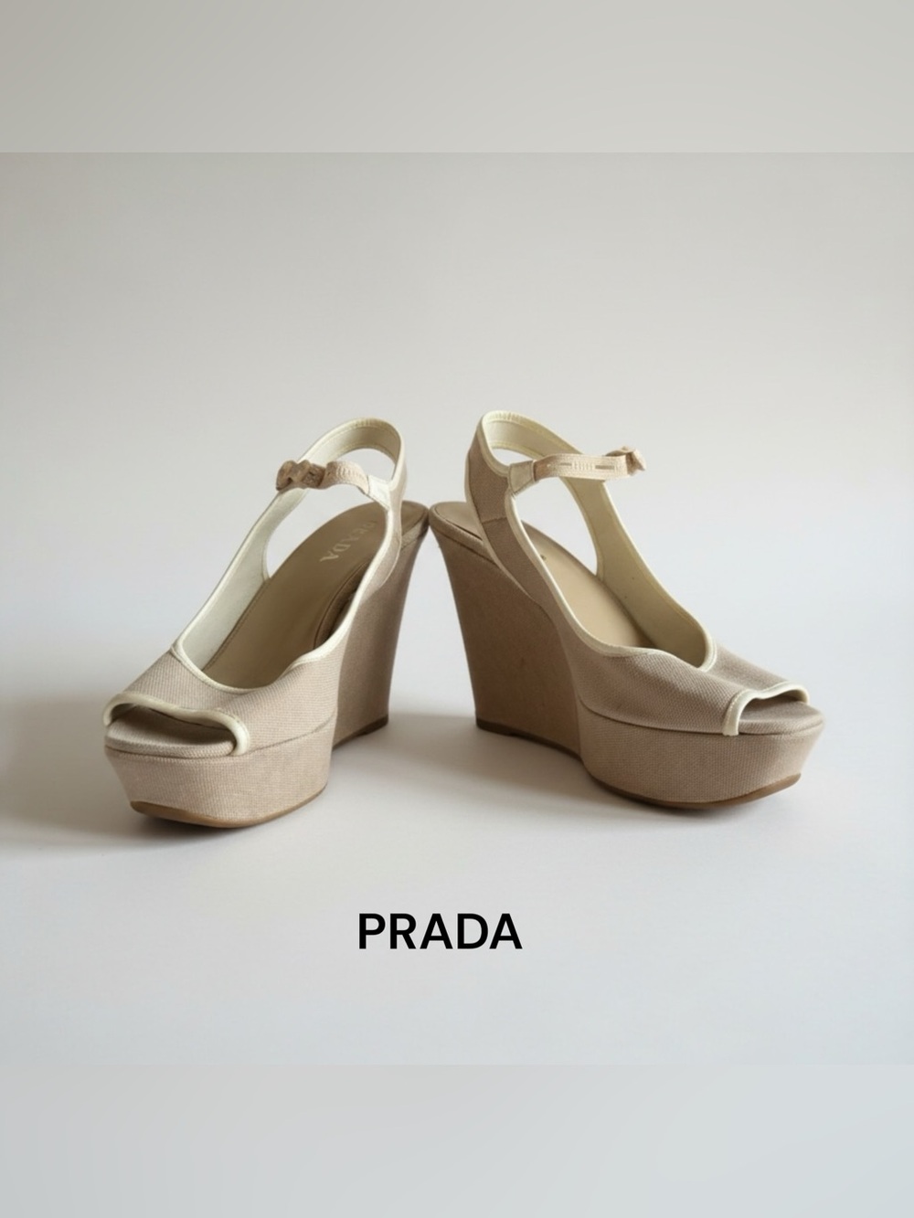 PRADA WEDGE CANVAS SHOES BEIGE OPEN TOE 36-6